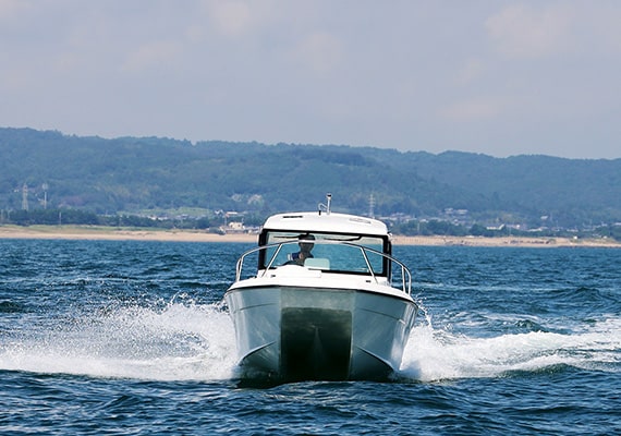 Asymmetrical catamaran hull viewed from the front.
