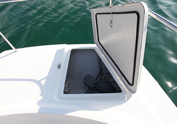 The bow tip hatch is an anchor locker.
